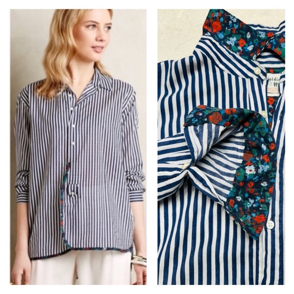 Anthropologie x Holding Horses Striped Button Front  Floral Contrast Trim Shirt